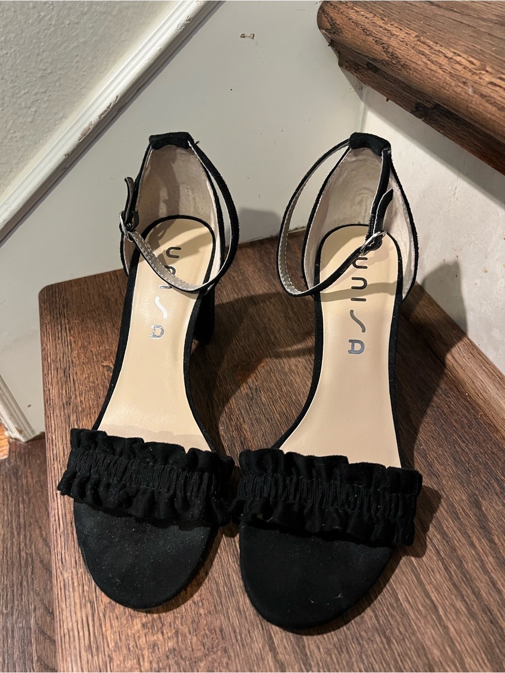 Unisa Black Ruffled Ankle-Strap Block Heels